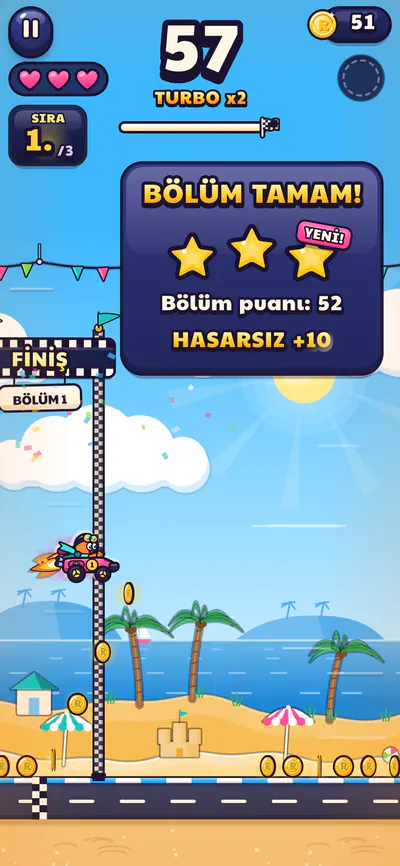 BÖLÜM TAMAM! kartında üç yıldız, bölüm puanı 52 ve HASARSIZ +10 ödülü.